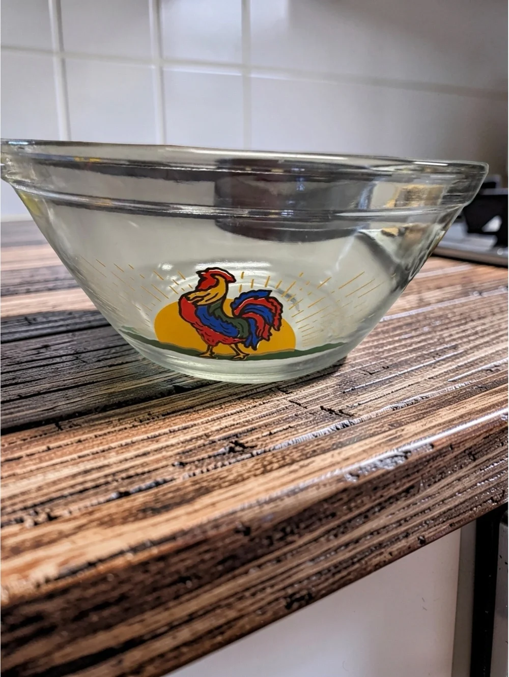 Vintage Anchor Hocking Rooster Mixing Bowls Set 1.5 & 2.5 Qt Clear Glass Sunrise